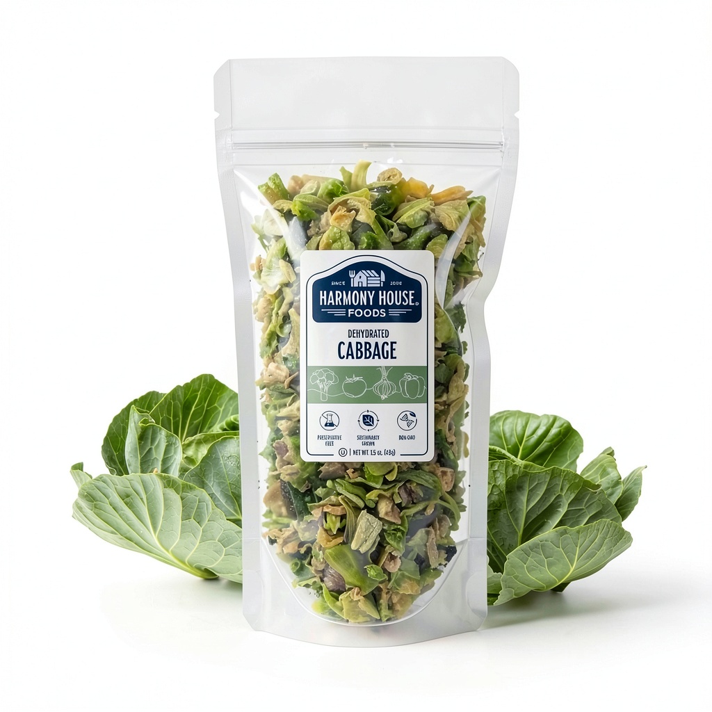 Harmony House dried cabbage flakes in a bowl with fresh vegetables