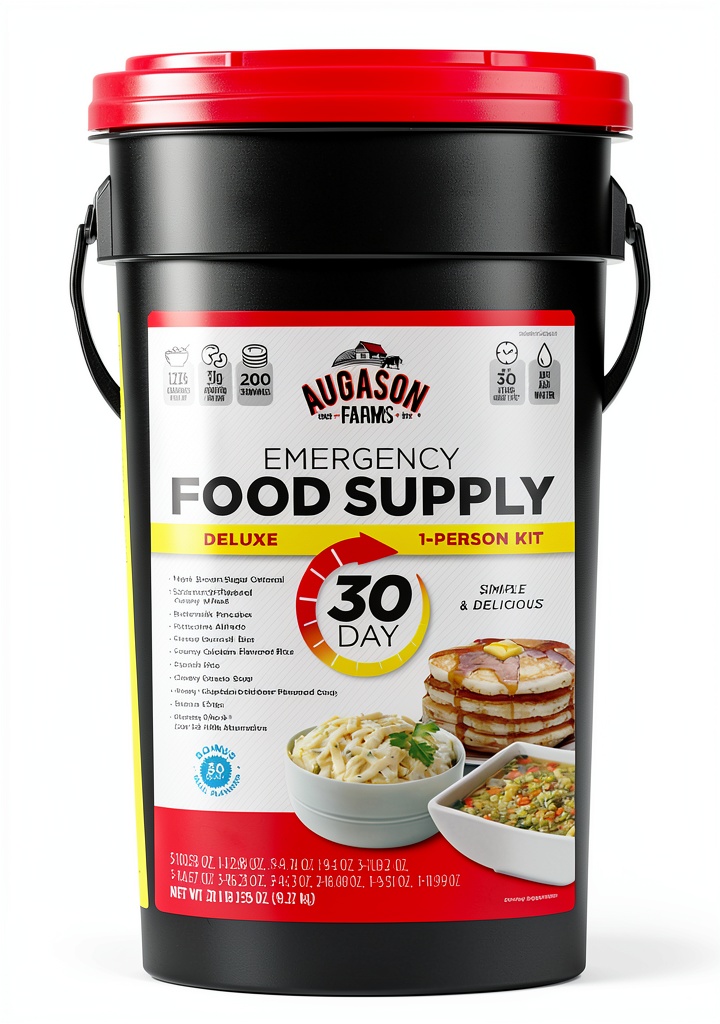'Augason Farms Emergency Food Supply Kit Variety Pail displayed with open lid and meal samples'